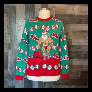 Men’s Blizzard Bay ugly Christmas sweater medium gym bro Santa workout holiday